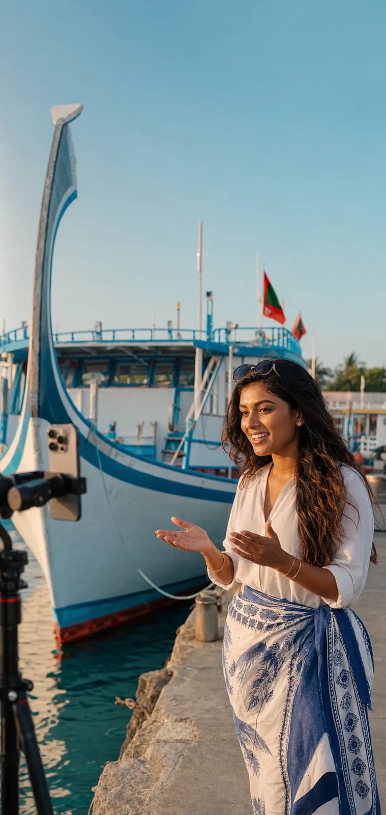 Maldivian content creator filming by a dhoni